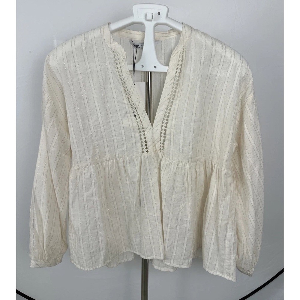 Zara Blouse Women's Sz M Cream Color Pink Glitter Pinstripes Long Sleeves Cotton